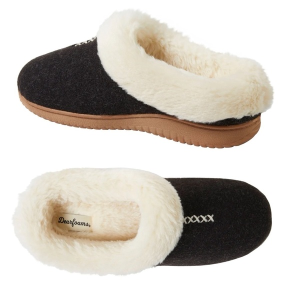 Women’s Dearfoams Black Plush Memory Foam Slippers Fur Clog Slide Slipper NWT - Picture 1 of 6